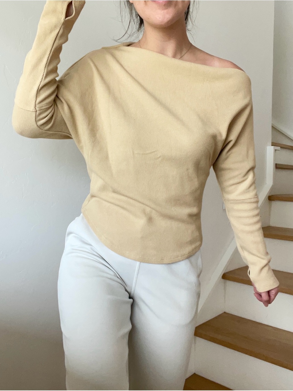 Free People We The Free Fuji Thermal Textured Waffle Knit Beige Tan Neutral Top